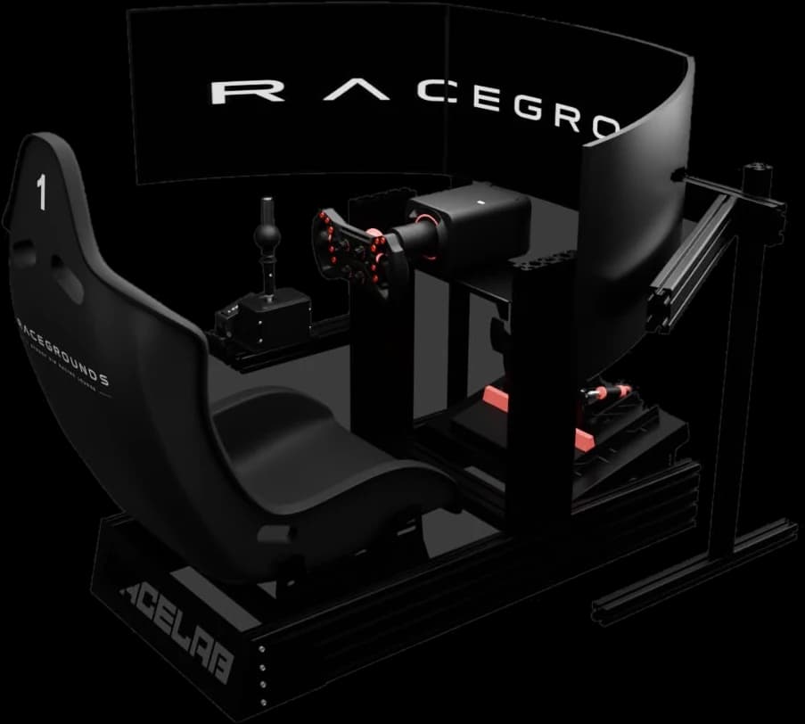 A Racegrounds simulator: triple curved screens, direct-drive wheel and bucket seat